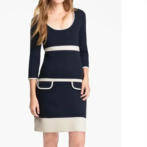 Kate Spade Cathie Navy Blue White Knit Retro Sheath Sweater Dress Size Large